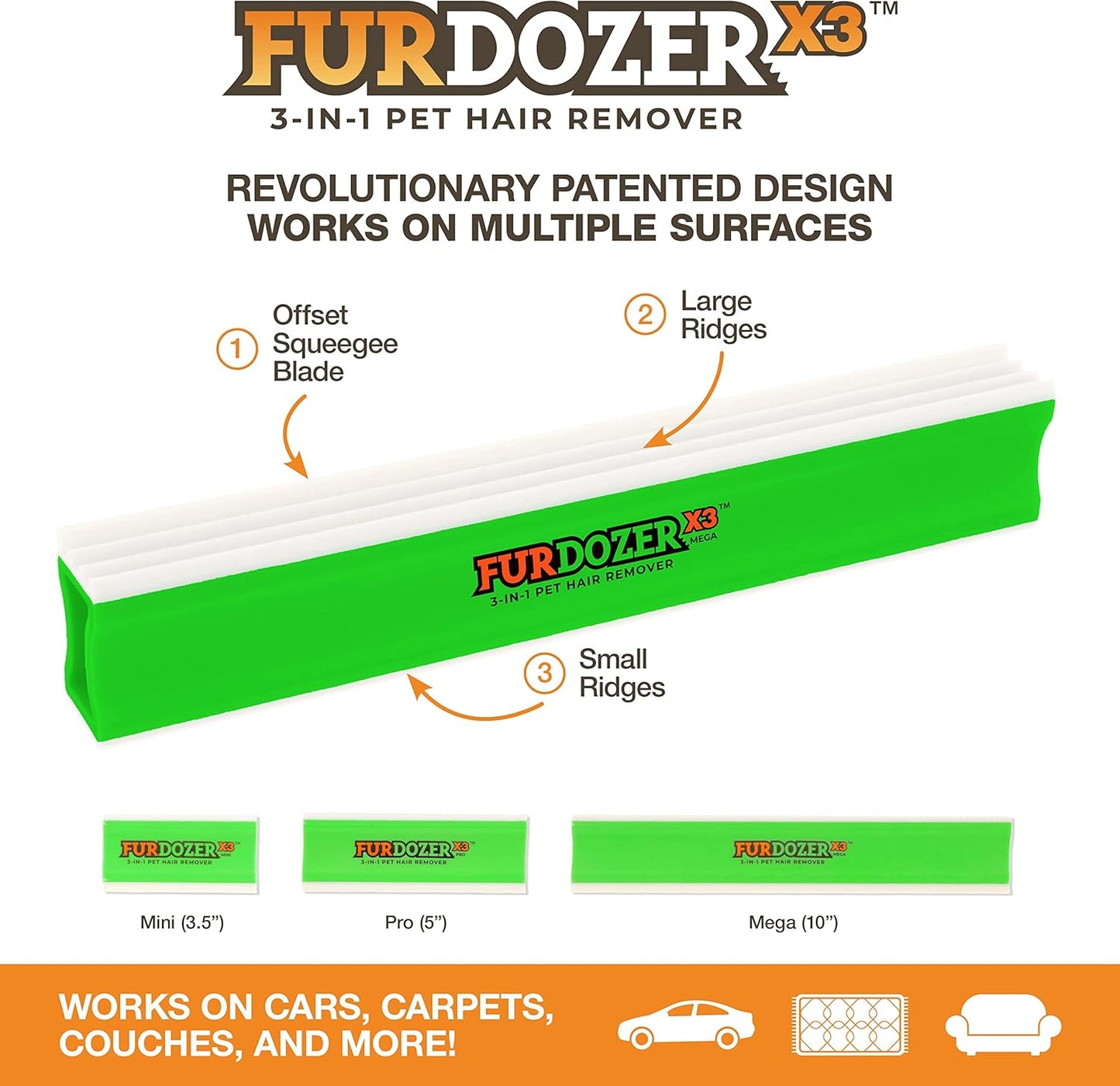 FurDozer Pet Hair Remover & Auto Detailing Tools - Cat & Dog Hair Remover for Carpets, Car Interiors, Couches, Bedding, & Pet Furniture (Gray, X3 PRO - 5" Long)