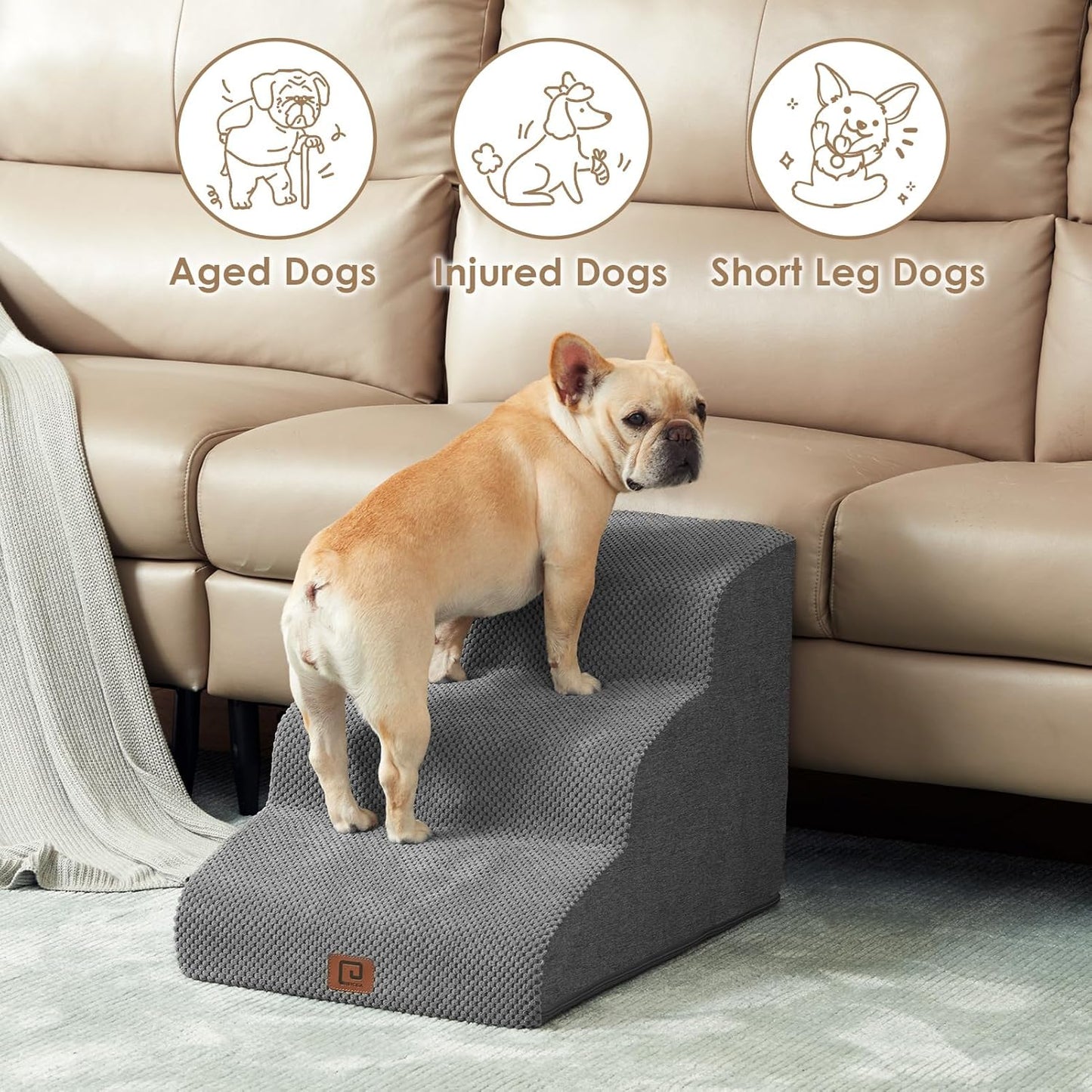 EHEYCIGA Curved Dog Stairs Ramp for High Beds 19.7" H, 4-Step Dog Steps for Small Dogs and Cats, Pet Stairs for High Bed Climbing, Non-Slip Balanced Pet Step Indoor, Grey
