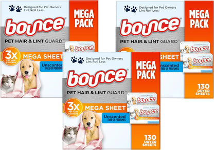 Bounce Pet Hair and Lint Guard Mega Dryer Sheets with 3X Pet Hair Fighters, Unscented, 130 Count