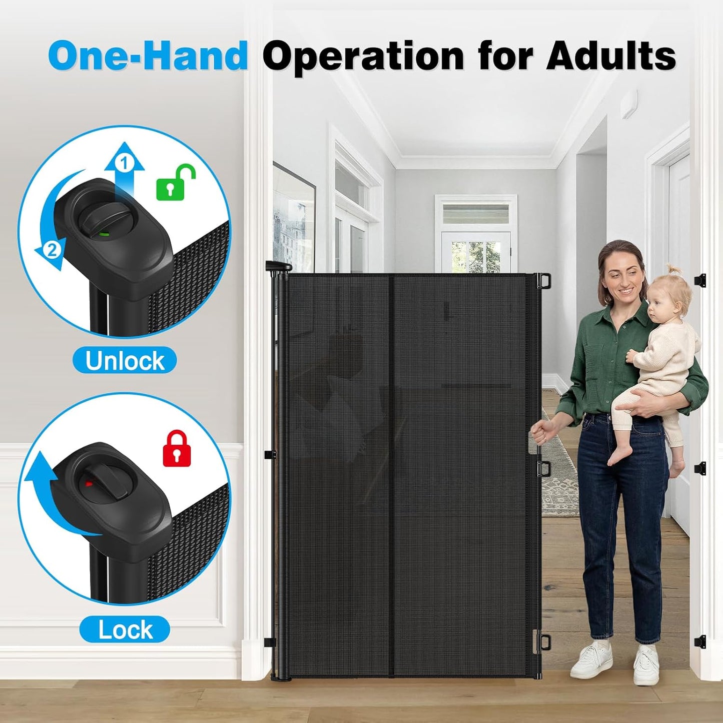 Reinforced 65" Extra Tall Pet Gate for Doorway, Jump-Resistant & Prevent Crawling Underneath Retractable Baby Gates Extra Tall, 0-55" W Retractable Dog Gate for Pet, Dogs, Cats, Puppies, Babies, Black