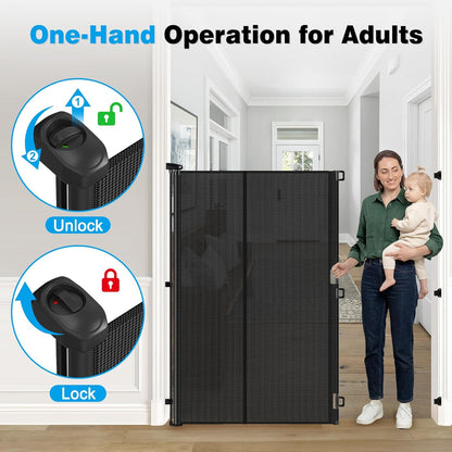 Reinforced 65" Extra Tall Pet Gate for Doorway, Jump-Resistant & Prevent Crawling Underneath Retractable Baby Gates Extra Tall, 0-55" W Retractable Dog Gate for Pet, Dogs, Cats, Puppies, Babies, Black