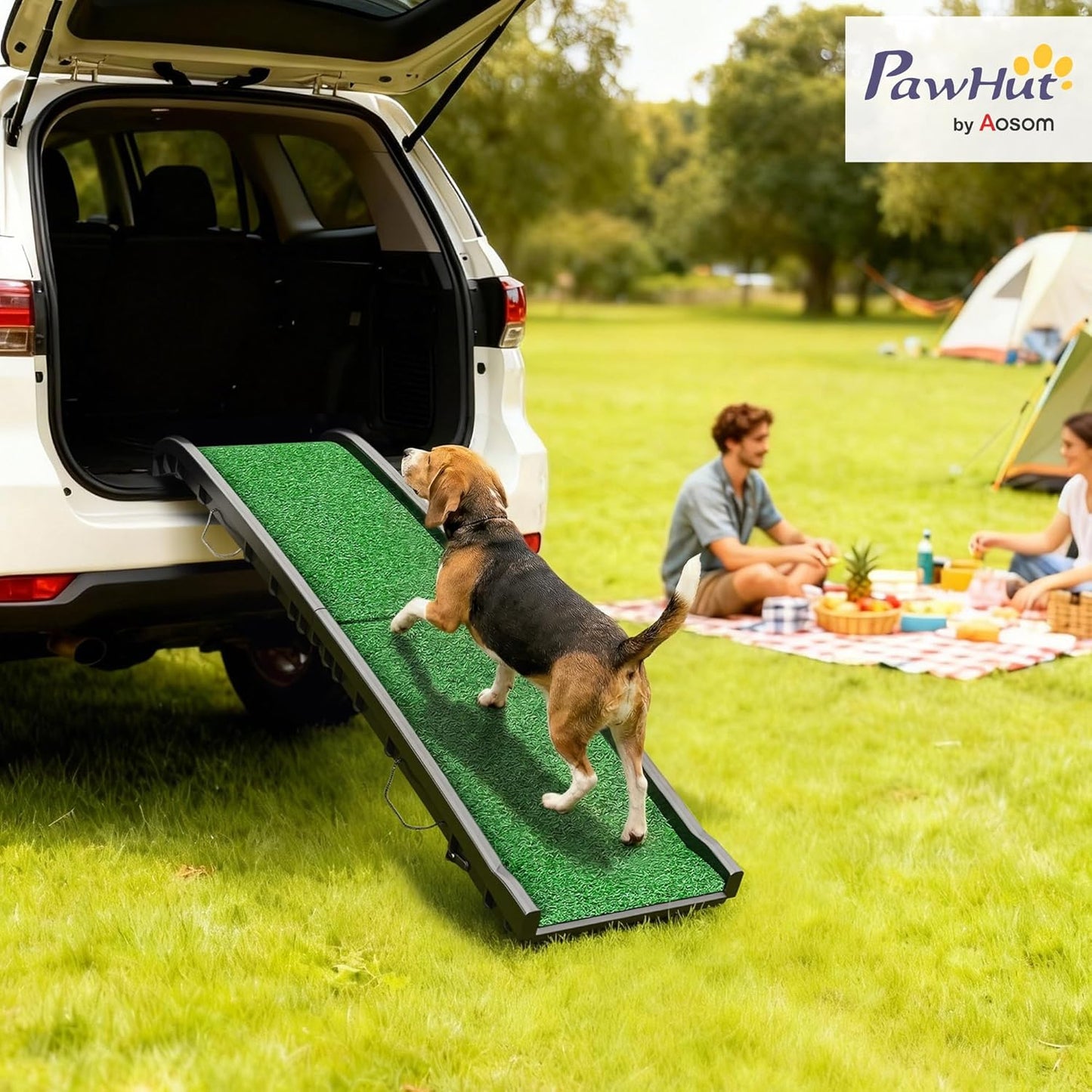 PawHut Folding Dog Ramp for Car, Truck, SUV, 61 Inches Portable Pet Ramp with Grass Surface, Non Slip with Raised Side Rails