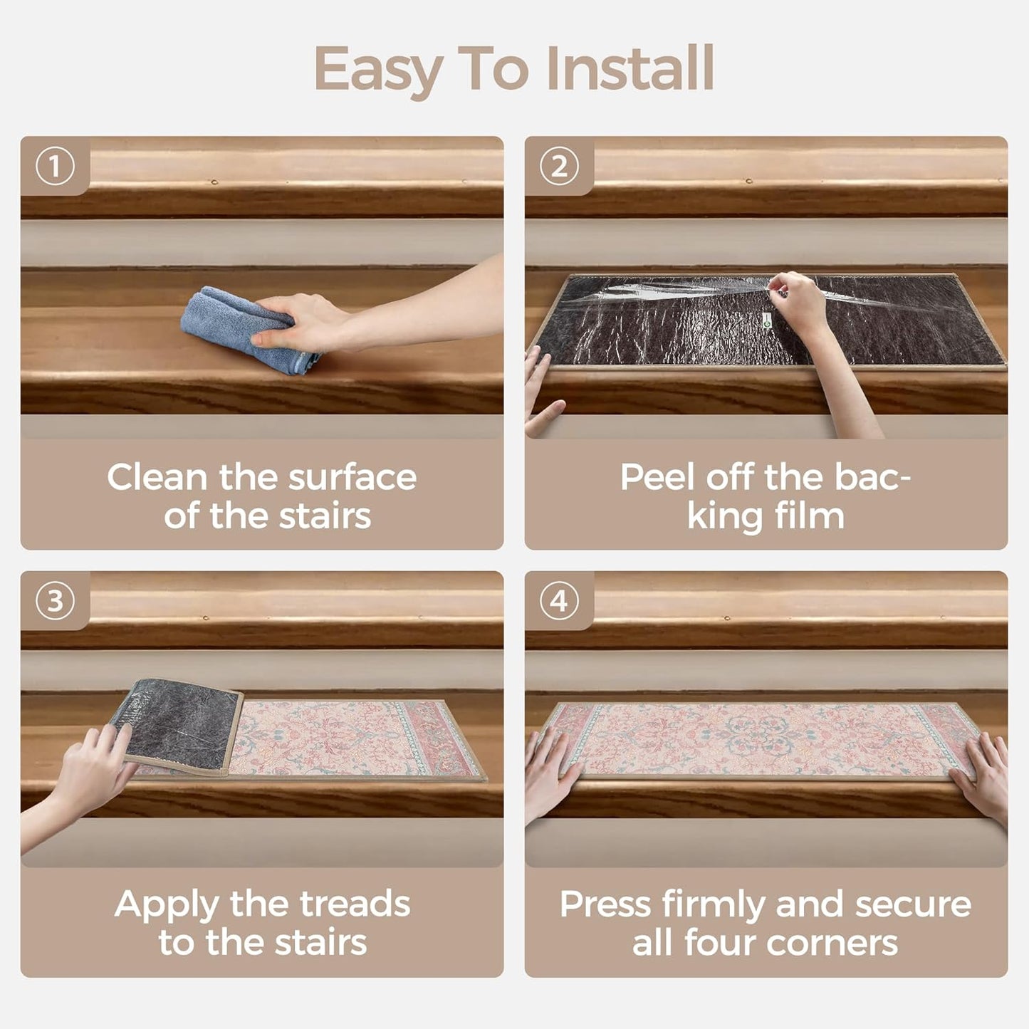 sarben Non Slip Stair Treads for Wooden Steps 15PCS - 8"x30" Indoor Safety Carpet, Edging Mats with TPE Adhesive Backing, Pet and Elderly Friendly Stair Rugs (Taupe) - Colors A
