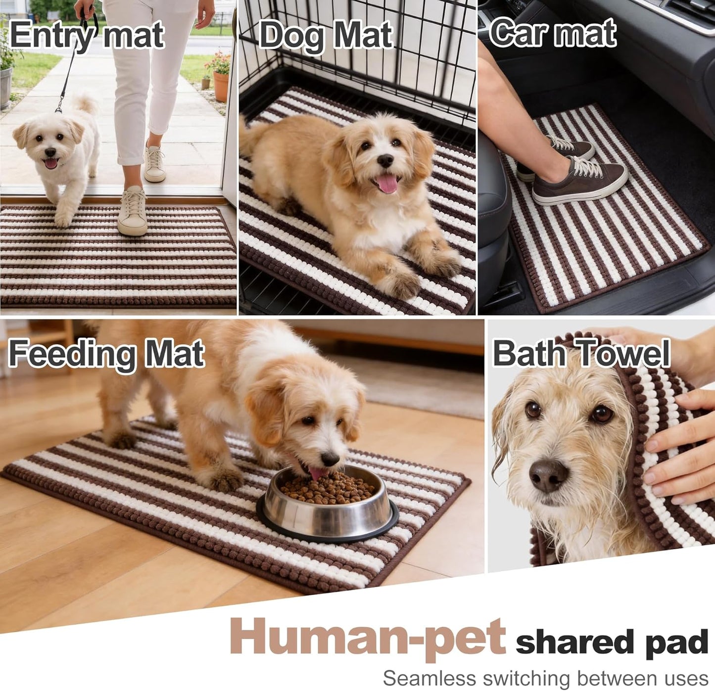 pobopobo Dog Door Mat for Muddy Paws - Absorbent & Washable Chenille Rug, Non-Slip Dirt Trapper for Indoor Outdoor Entryway, Quick Dry Pet Mat for Muddy Dogs (Striped Gray-Blue&White, 24" x 16")