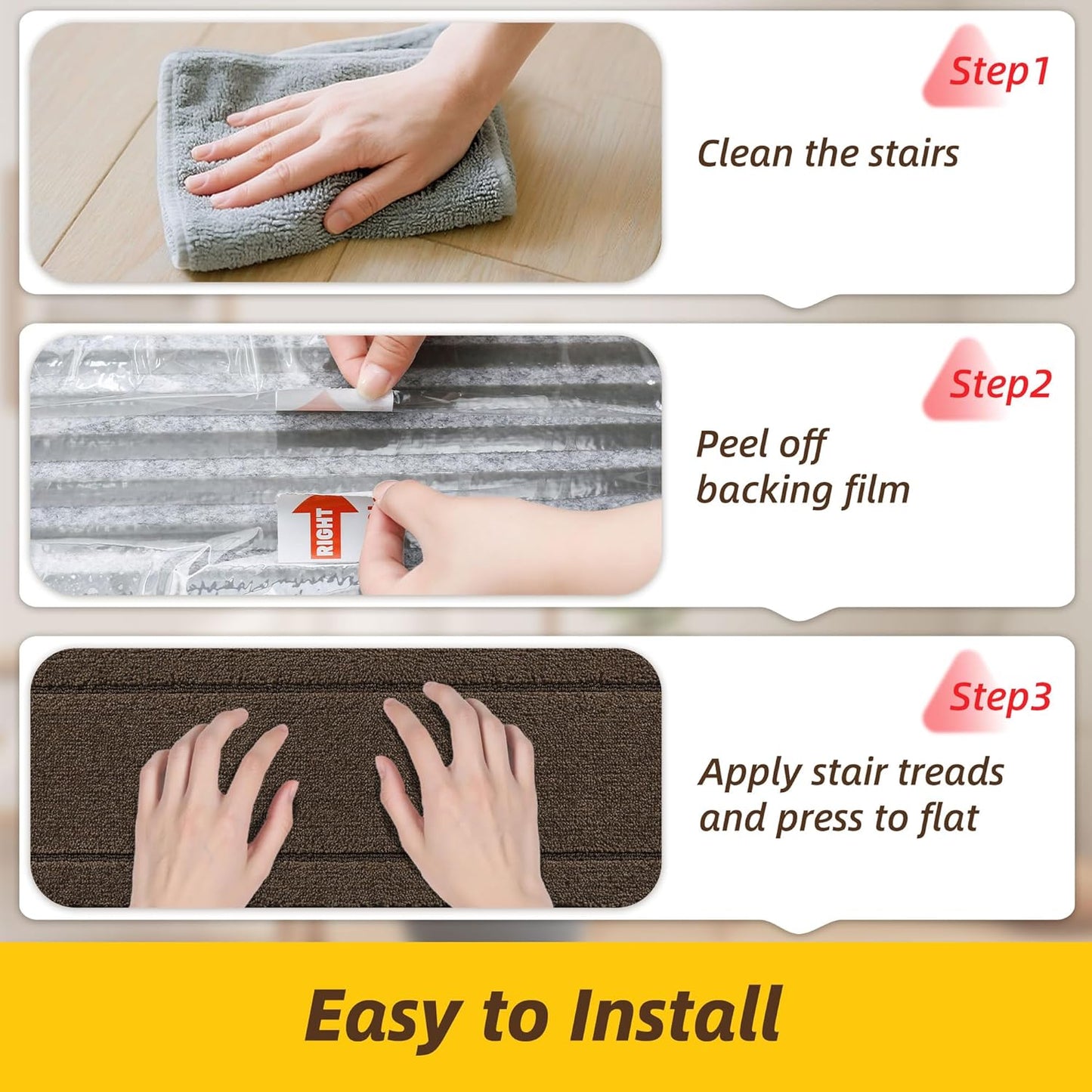 Non-Slip Stair Treads for Wooden Steps Indoor, 15 Pack 8" X 30" Edging Stair Rugs with TPE Backing, Carpet Stair Treads for Kids Elders & Pets, 100% Polyester Soft Stair Runners, Brown