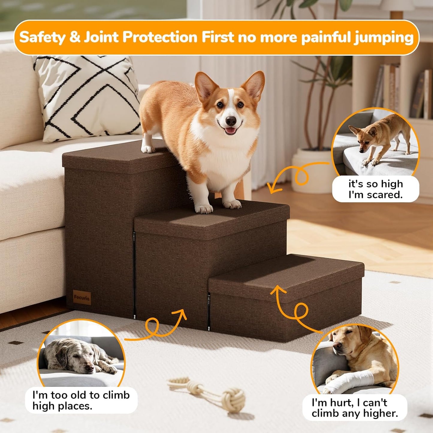 3-Step Wide Dog Stairs with Hidden Storage 18" H, Non-Slip Dog Steps for High Bed Couch Window Car, Jiont-Friendly Pet Stairs Ramp for Small/Medium/Large Old Dogs Cats Up to 200lbs, Grey