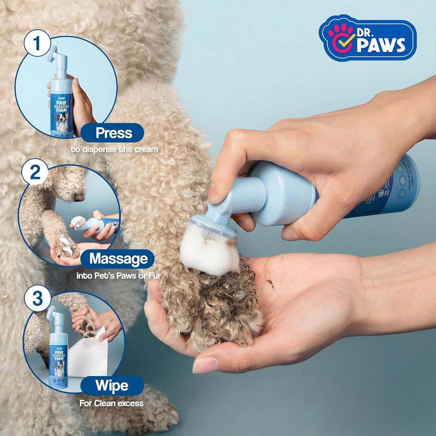 Foaming Dog Paw Cleaner, Non-Toxic, pH-Balanced, Lick-Safe Paw Cleaner for Dogs, Effective Animal Washer and Feet Cleaner, Wipes for Paws and Butt, Built in Soft-Tip Head - 150ml
