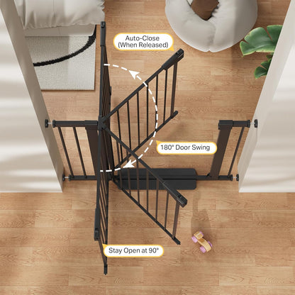 Cumbor 36.6-64" Extra Wide Baby Gate for Stairs, Dog Gates for Doorways, Auto-Close Pet Gate Indoor, Pressure Mounted Walk Through Safety Child Gate for Kids Toddler, Tall Pet Puppy Fence Gate, Brown