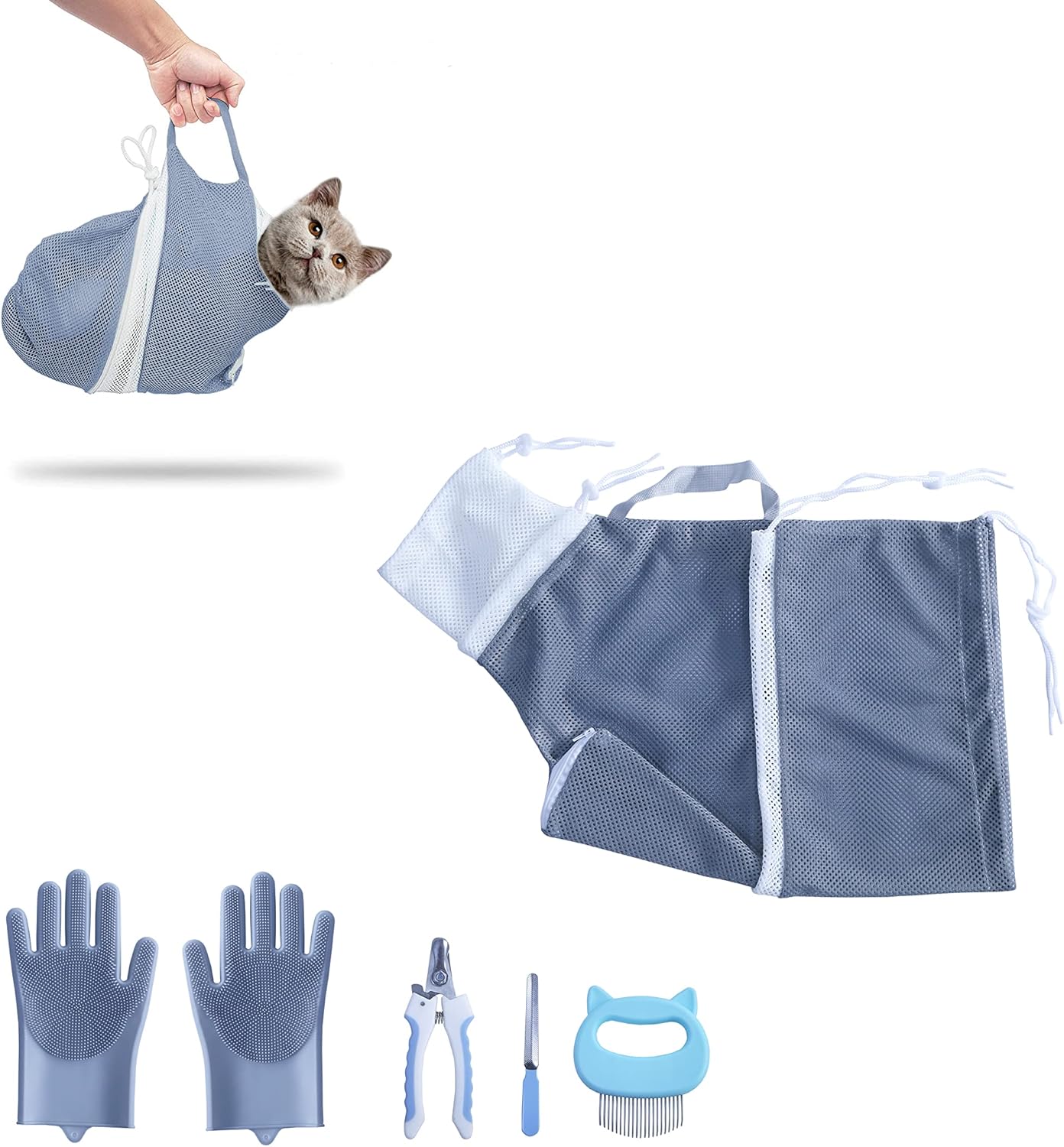 KlerRoem Cat Bathing Bag, Adjustable Anti-bite and Anti-Scratch Shower Mesh Grooming Bag for Pet Dogs, Includes Pet Nail Clipper, Nail File, Grooming Glove, and Cat Shell Comb