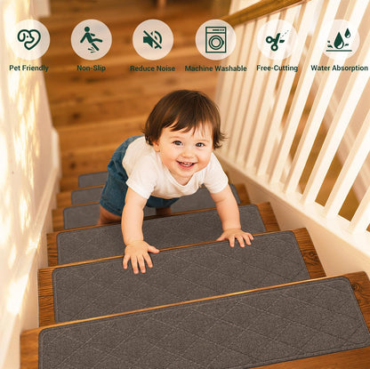 Stair Treads Non-Slip for Wooden Steps, 15Pack - 8" x 30" Edging Stair Runner Indoor for Kids Elders & Pets, Washable Carpet Stair Treads with Peel & Stick Reusable TPE Backing, Beige