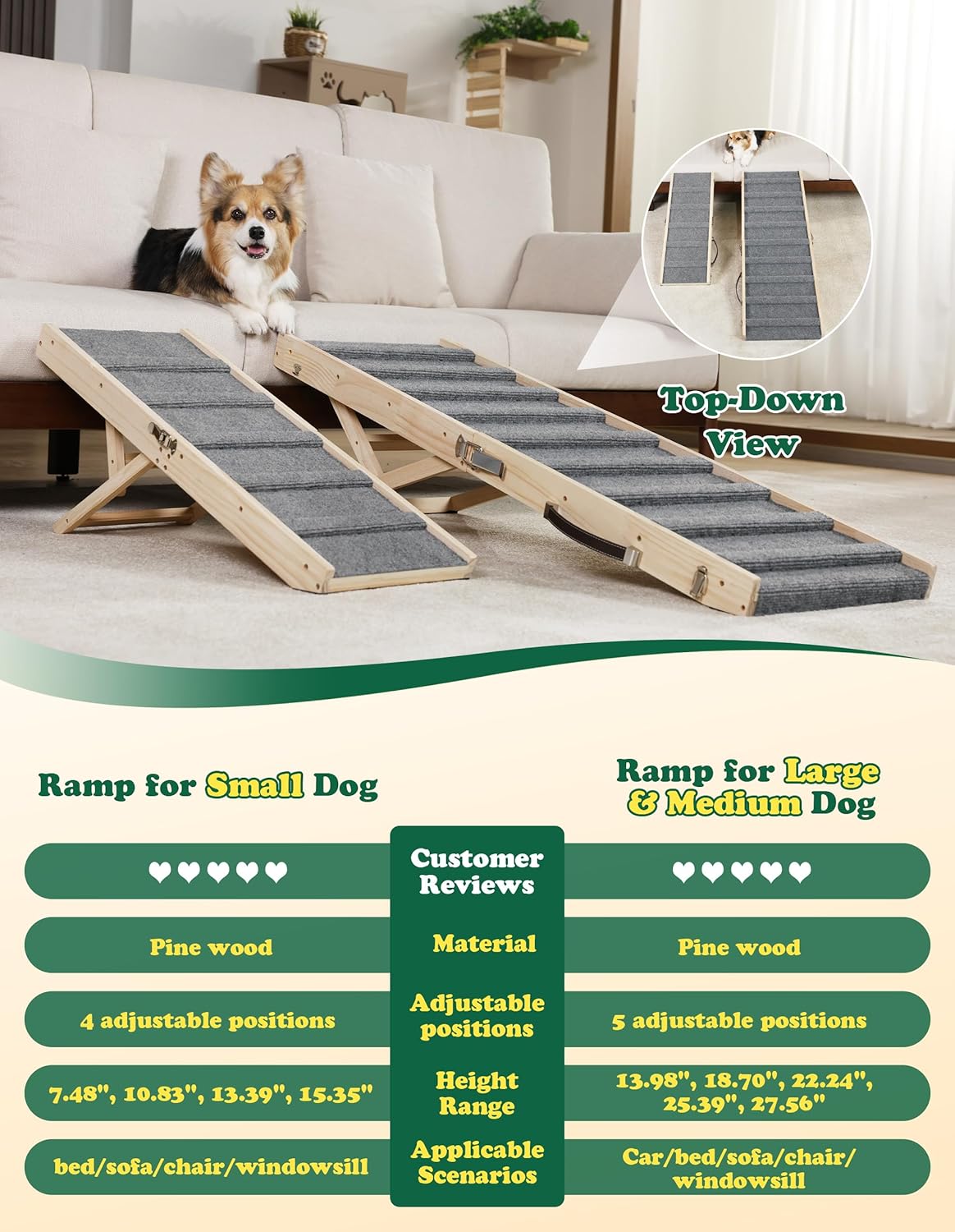 Dog Ramp Dog Stairs for Small Dogs Foldable Dog Ramp with 4 Adjustable Heights from 7.48'' to 15.35" Wood Stairs with Non Slip Carpet Portable Pet Ramp for Couch, Sofa, Low Bed (Natural Wood)