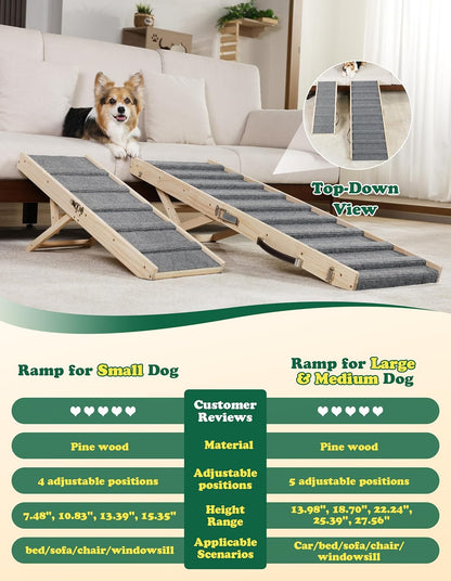 Dog Ramp Dog Stairs for Small Dogs Foldable Dog Ramp with 4 Adjustable Heights from 7.48'' to 15.35" Wood Stairs with Non Slip Carpet Portable Pet Ramp for Couch, Sofa, Low Bed (Natural Wood)