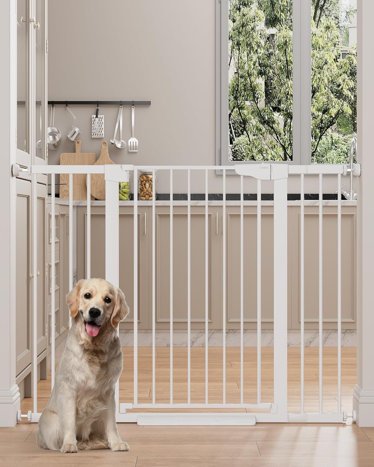 Cumbor 36.6-64" Extra Wide Baby Gate for Stairs, Dog Gates for Doorways, Auto-Close Pet Gate Indoor, Pressure Mounted Walk Through Safety Child Gate for Kids Toddler, Tall Pet Puppy Fence Gate, Brown