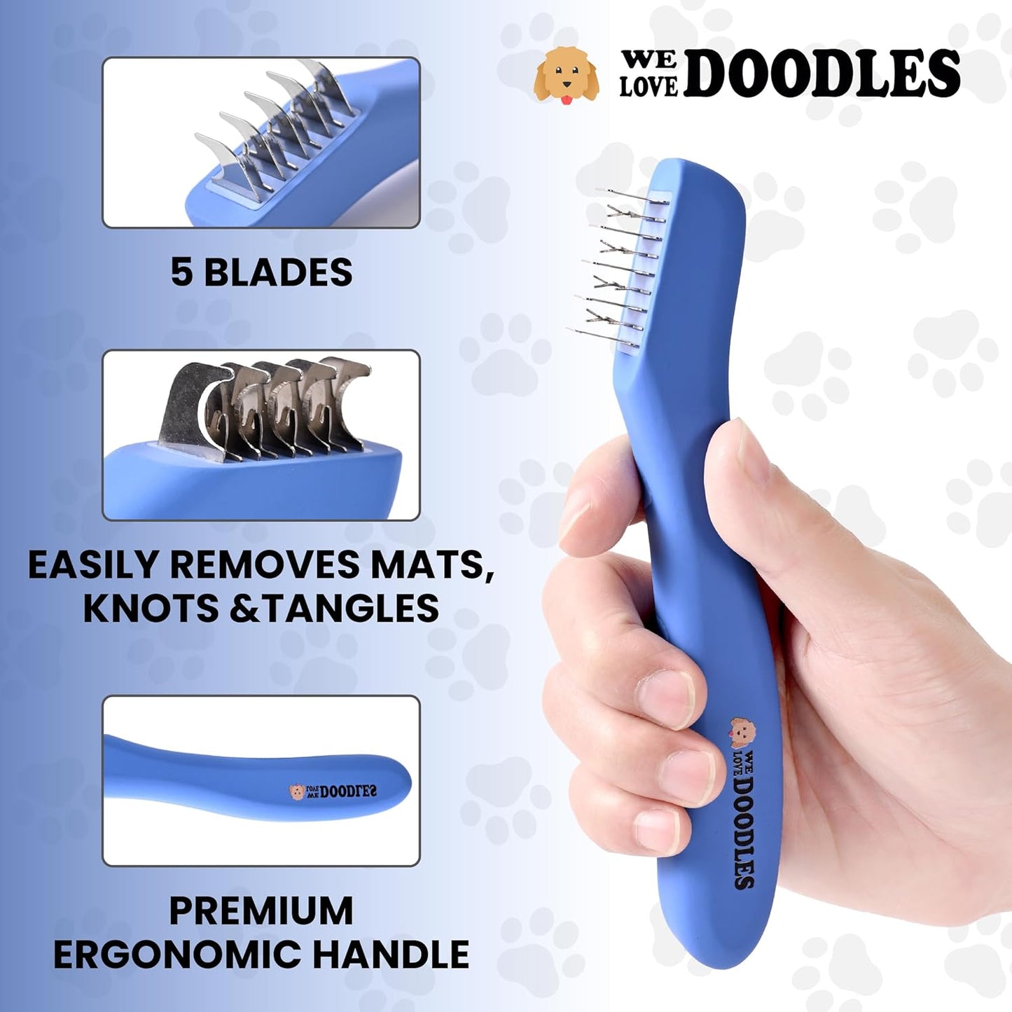 We Love Doodles Dematting Comb for Dogs - Dog Hair Mat Remover, Detangler Comb & Deshedding Tool, Removes Tangles, Knots, & Loose Hair, Metal Comb, Ergonomic Handle (9 Blade)