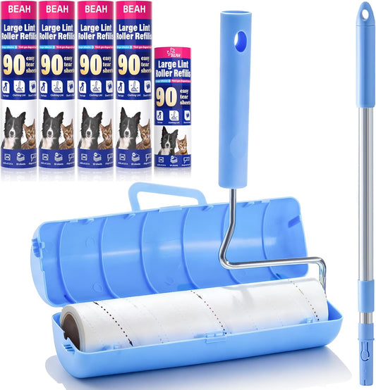 Large Lint Roller for Pet Hair Extra Sticky,10 Years Lifespan,9.45''/6.3" Pet Hair Removal Tool Roller for Dog Cat Hair,450 Sheets/5 Refills,Detachable Telescoping Extension Large Lint Roller