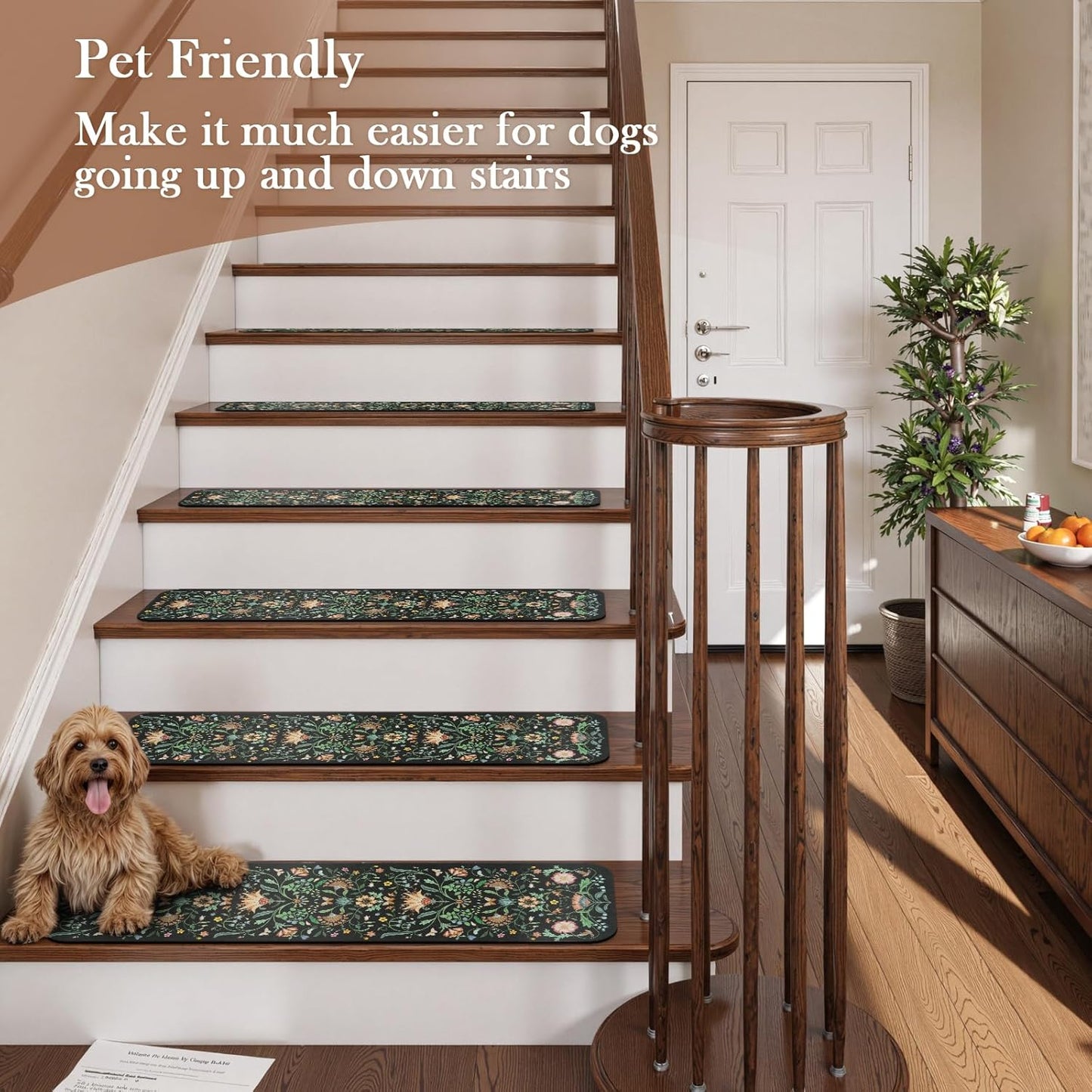 OJIA Floral Stair Treads Non-Slip Carpet Stair Treads for Wooden Steps Indoor 15PCS 30"x8" Stair Runner Stair Mats Staircase Step Treads for Kids, Elders and Dogs, Stair Covers, Black