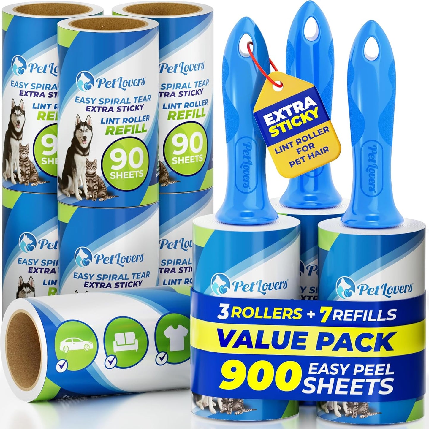 PetLovers Extra Sticky Lint Roller Single Unit 90 Sheets for Pet Hair Removal, Dog and Cat Lint Remover (1 Pack)