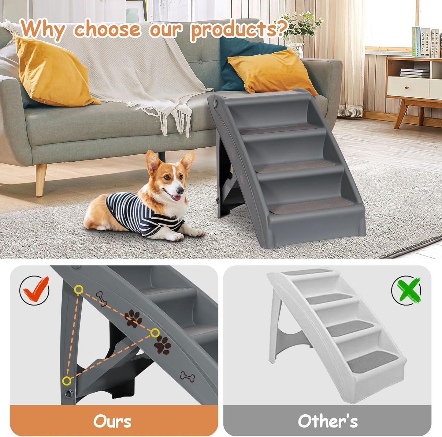 20" H 4-Step Dog Stairs for Small Dogs and Cats, Non-Slip Dog Steps for High Beds, Couch, Sofa, Sturdy Pet Steps (Tan)