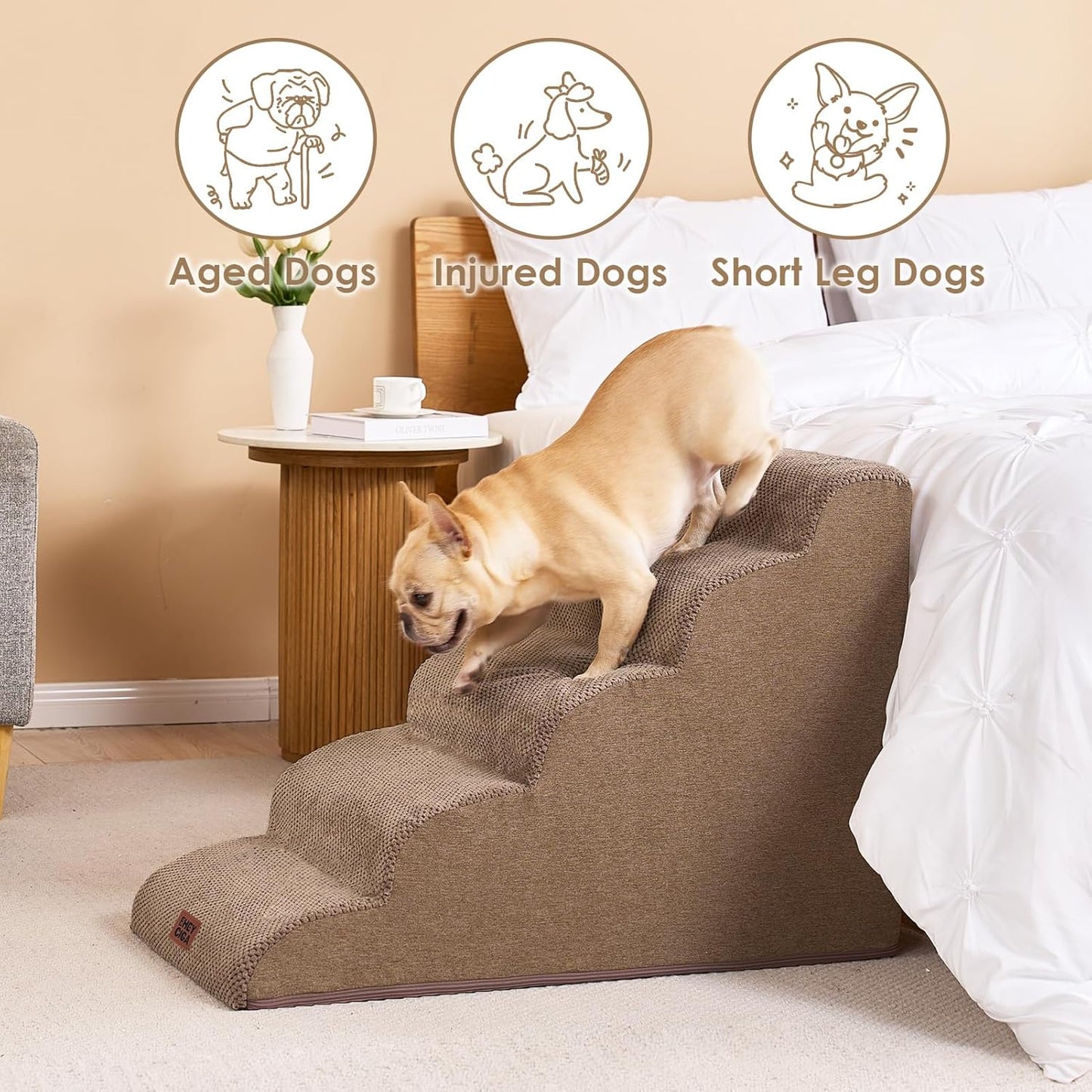 EHEYCIGA Curved Dog Stairs Ramp for High Beds 19.7" H, 4-Step Dog Steps for Small Dogs and Cats, Pet Stairs for High Bed Climbing, Non-Slip Balanced Pet Step Indoor, Grey
