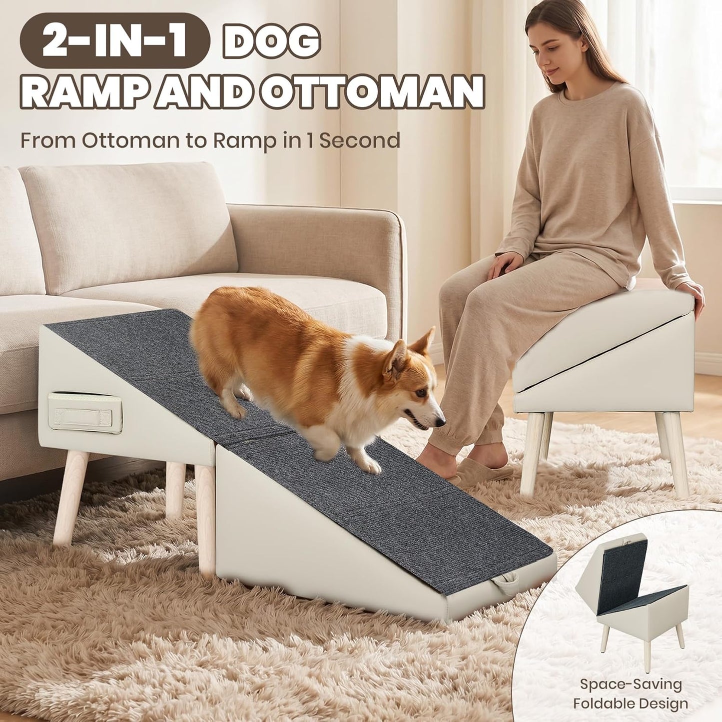 Dog Ramp for Couch and Bed, 17" H Stairs for Small to Medium Dogs and Cats Foldable Steps for Pets to Get on High Bed, Non-Slip Sturdy Ottoman Ramp with Storage Drawer, Brown