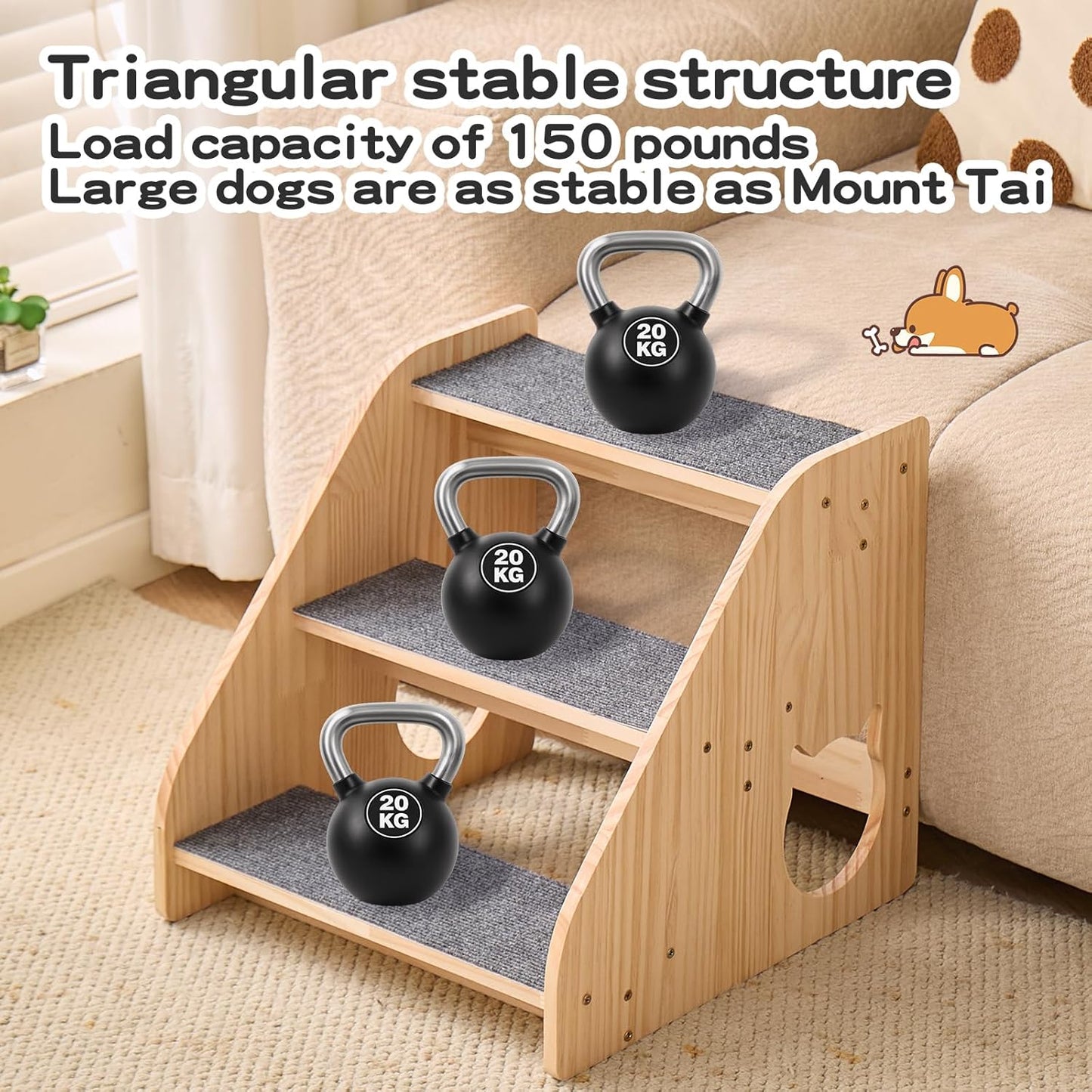 Dog Stairs for Small Medium Large Dogs 14.17" H Load Capacity 150lbs Solid Wood Non-Slip Sturdy Pet Steps for Bed & Couch 3 Step 15.75 * 16.93 * 14.17"