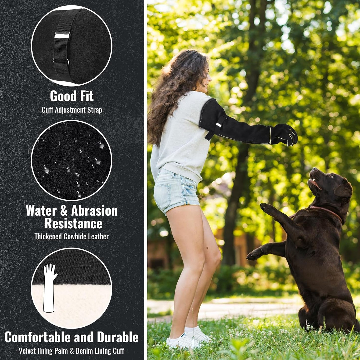 Heavy Duty Animal Handling Gloves - Cat Gloves Bite Proof, Ideal for Dog Training, Falconry, Welding, Gardening - 21.6 inch Grey Black