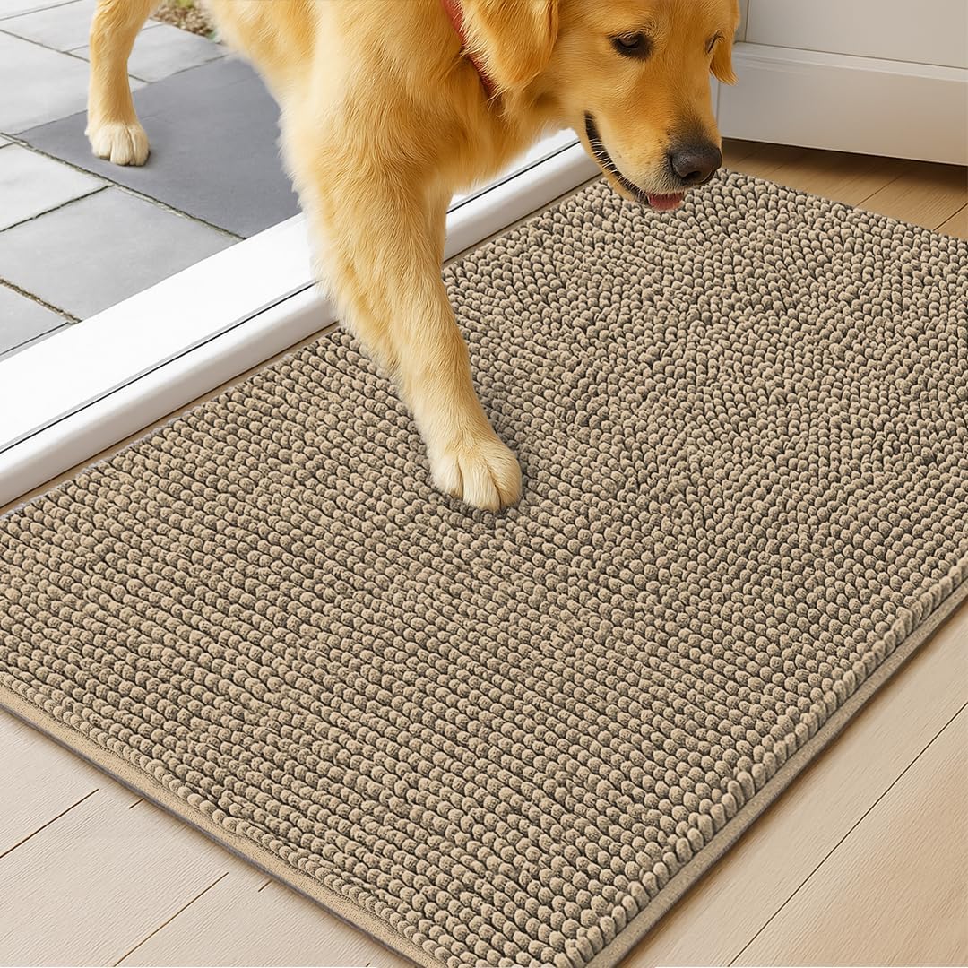 MudGuard Mat™ Dog Door Mat for Muddy Paws, Super Absorbent Microfiber, Non-Slip Indoor Mat, Quick Dry Chenille Mud Mat for Dogs & Entryway, Washable, Grey 19" x 30"