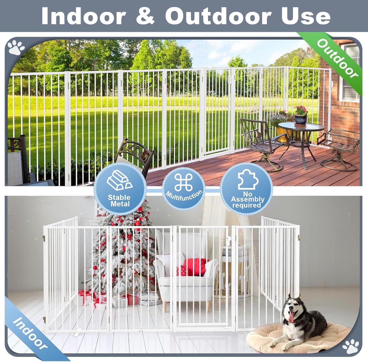 Metal Freestanding Dog Gates with Door for Outdoor Indoor,80'' Extra Wide 32'' Tall Free Standing Dog Gate for Doorways,Large Openings,Deck,Yard,Foldable Safety Pet Fence(Black,4 Panels)