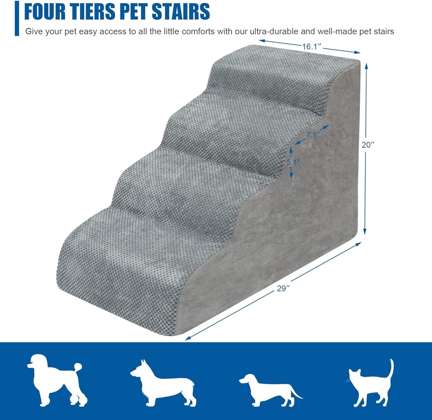Dog Stairs for Small Dogs - High Density Foam Dog Ramp, Extra Wide Pet Steps with Non-Slip Bottom for High Beds, Couche and Sofa, Best for Pet Injured, Older Dogs Cats (Grey, 4 Steps)
