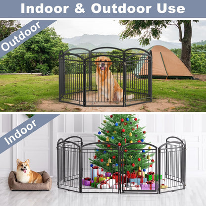 Full Metal Free Standing Dog Gate with Door for Indoor & Outdoor,96'' Extra Wide 32'' Tall Dog Gate for The Doorways,Large Openings,Decks,Porch,Pet Freestanding Safety Fence(4 Panels,Black)