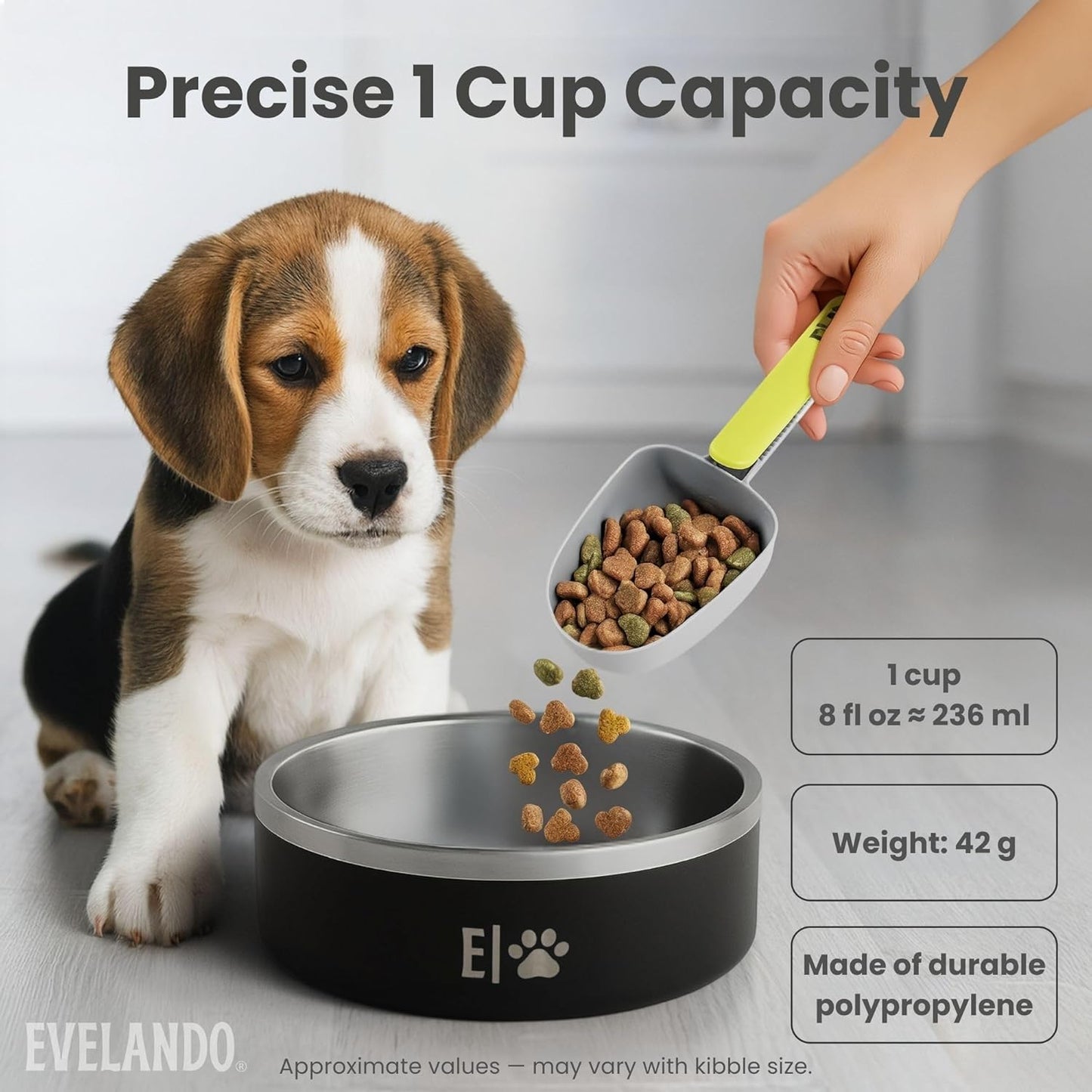 Dog Food Measuring Cup 1 Cup BPA-Free Tool with Non-Slip Grip Handle & Bag Clip Includes Cotton Storage Bag & Adhesive Hook for Dogs & Cats (Pink)