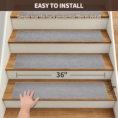 GROWLING Linen Stair Treads for Wooden Steps Indoor 30x8 inch, 15pcs Upgraded Self Adhesive Backing Non Slip Stair Carpets, Peel and Stick Stair Runner Rugs, Reusable Staircase Step Treads(Brown)