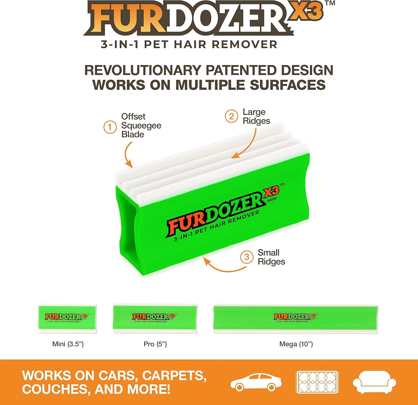 FurDozer Pet Hair Remover & Auto Detailing Tools - Cat & Dog Hair Remover for Carpets, Car Interiors, Couches, Bedding, & Pet Furniture (Gray, X3 PRO - 5" Long)
