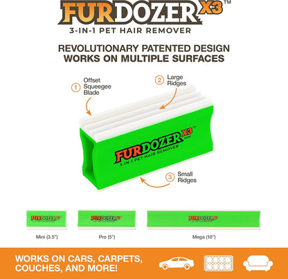 FurDozer Pet Hair Remover & Auto Detailing Tools - Cat & Dog Hair Remover for Carpets, Car Interiors, Couches, Bedding, & Pet Furniture (Gray, X3 PRO - 5" Long)