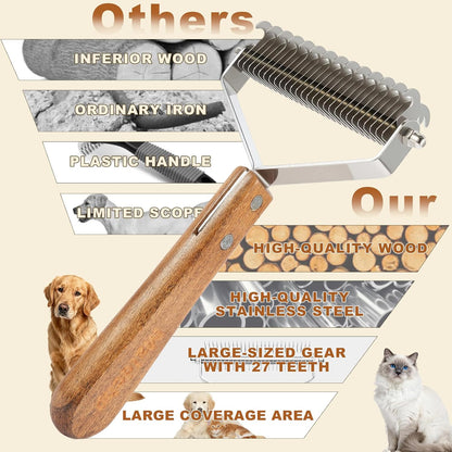 Extra Large 2-Sided Wooden Pet Comb for Dogs & Cats - Professional Deshedding & Dematting Tool, Undercoat Rake for Long & Short Hair, Natural Grooming Brush for Shedding Control