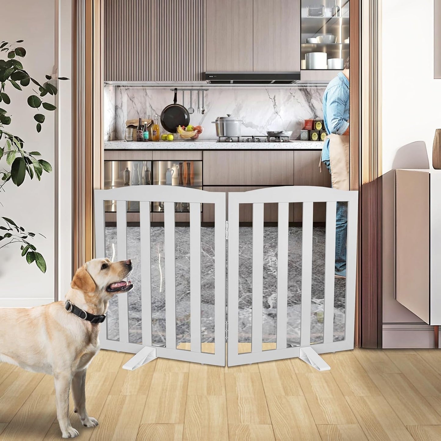 ZJSF Foldable Freestanding Indoor Dog Gate for House Wood White Long Pet Gates Dog Fence for Stairs Puppy Gates for Hallways,Pet Fence, Puppy Gate,Support Feet Included 24 "Height-3 Panels