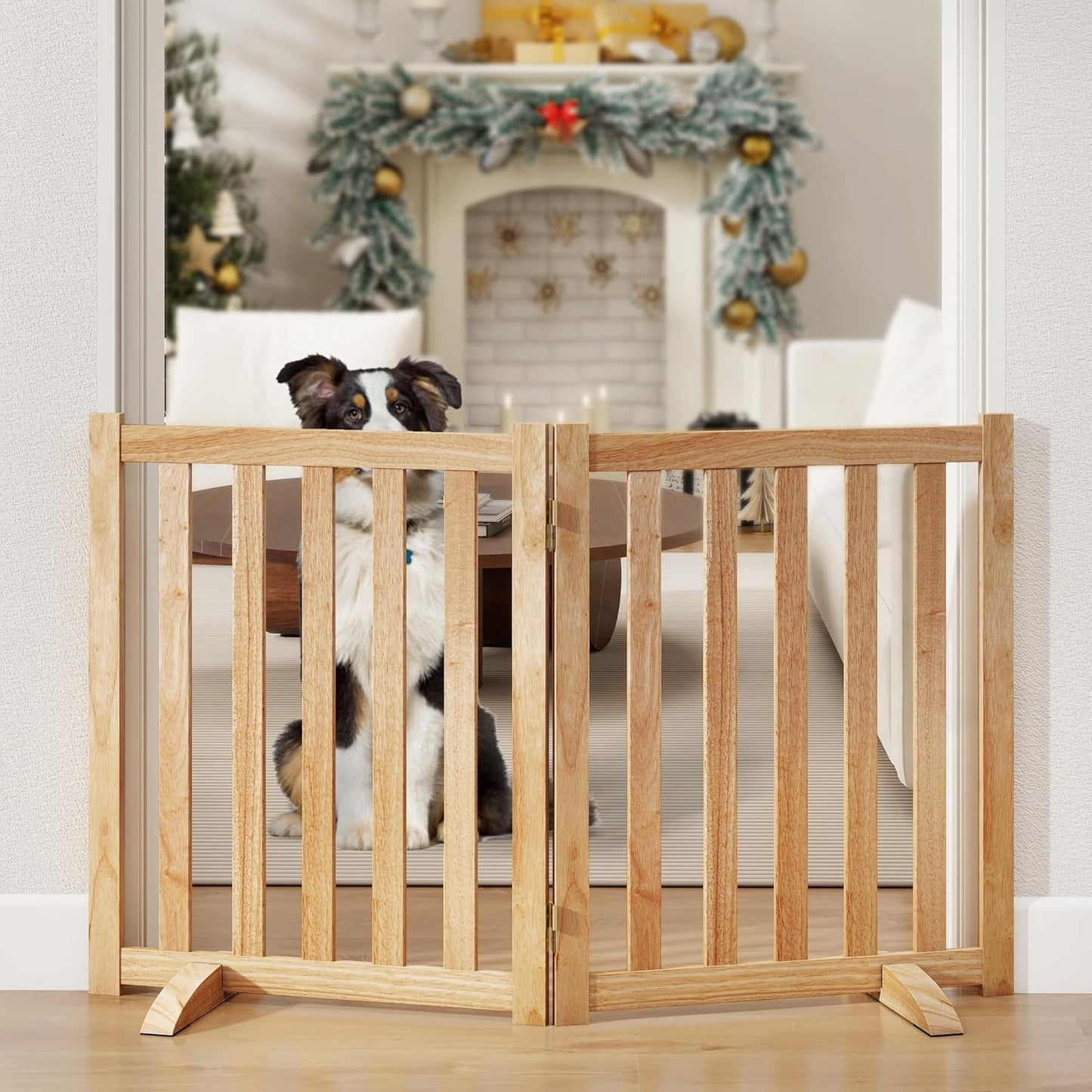 36" Height Extra Tall Freestanding Pet Gate, Solid Wood Folding Safety Fence Wooden Dog Gate with 2 PCs Support Feet Ideal for Stairs, Doorways, Halls, Kitchens, Heavy Duty Gates, 3 Panels, Oak