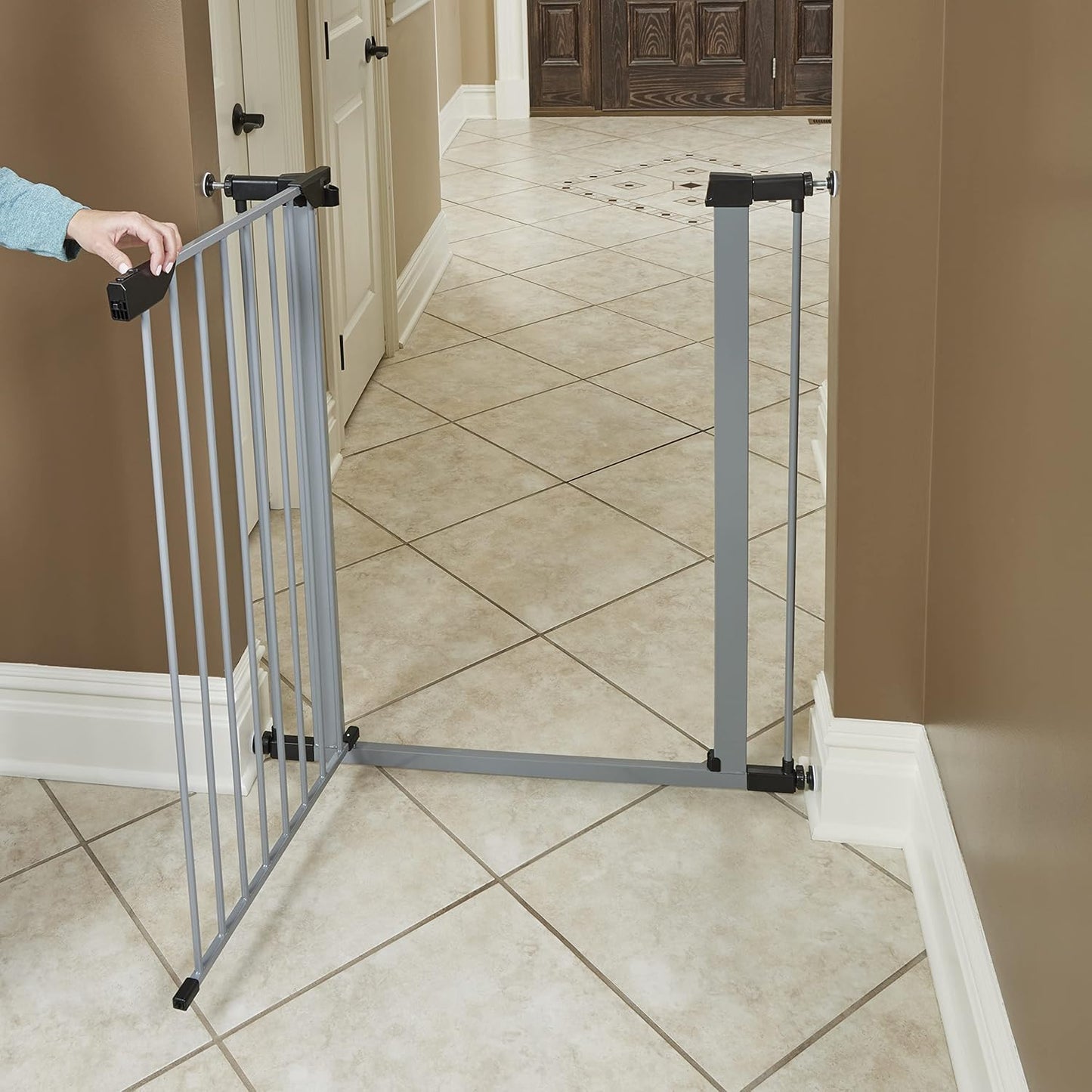 MidWest Homes for Pets 39-Inch High Walk-thru Pressure Mounted Gray Steel Dog Gate, Expands to 38 Inches Wide, No Damage to Walls, Includes 3-inch Extensions, For Small to Medium Pets