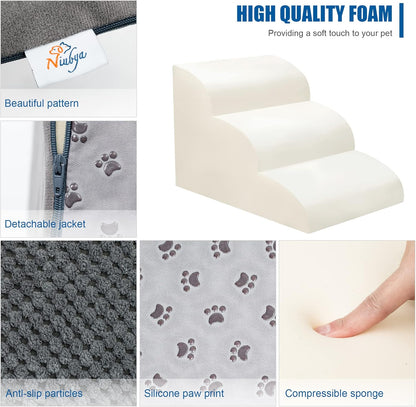 Dog Stairs for Small Dogs - High Density Foam Dog Ramp, Extra Wide Pet Steps with Non-Slip Bottom for High Beds, Couche and Sofa, Best for Pet Injured, Older Dogs Cats (Grey, 4 Steps)