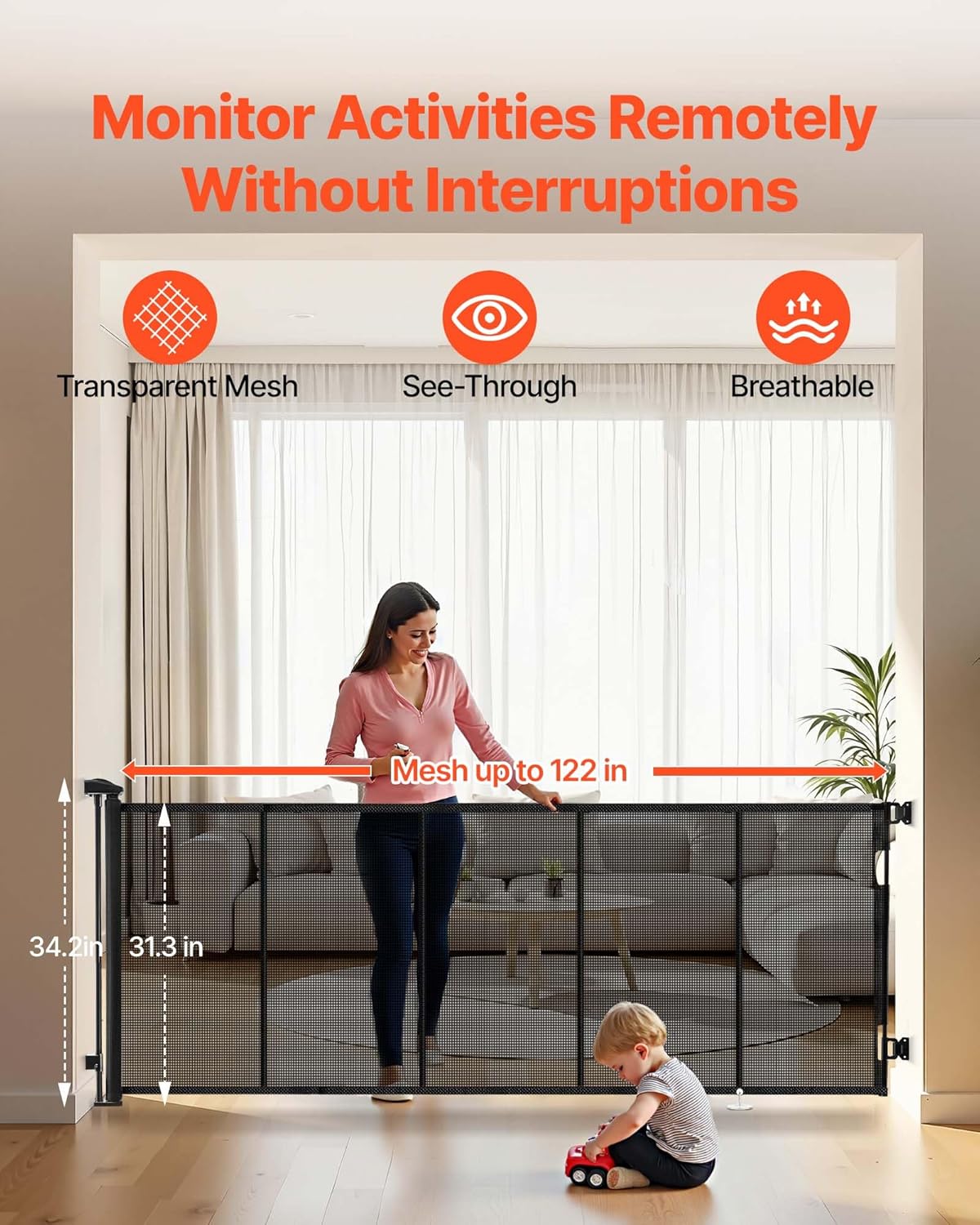VEVOR Retractable Baby Gate, Extends to 202.7 inch Extra Wide, 39 inch Tall, with Reinforced Fiberglass Strips, Avoids Crawling Through, Mesh Dog Gate for Decks, Doorways, Garages, Indoor, Black