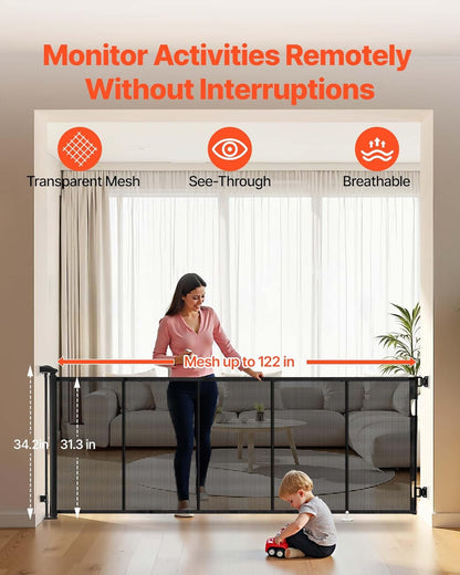 VEVOR Retractable Baby Gate, Extends to 202.7 inch Extra Wide, 39 inch Tall, with Reinforced Fiberglass Strips, Avoids Crawling Through, Mesh Dog Gate for Decks, Doorways, Garages, Indoor, Black