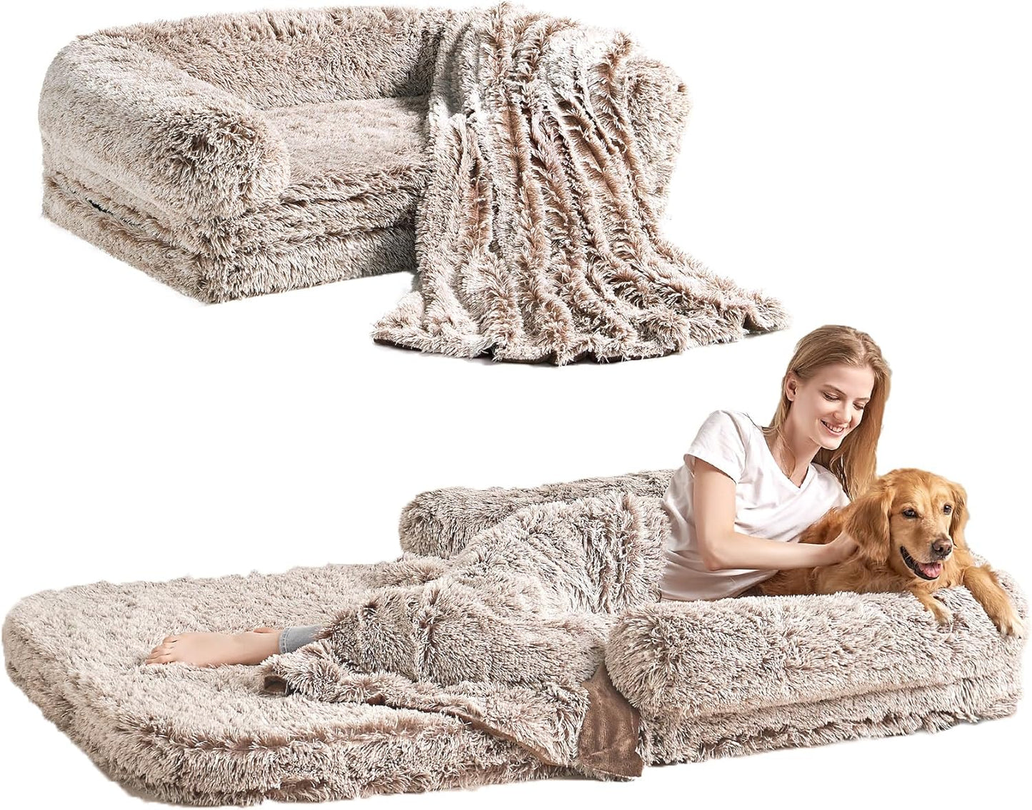 EHEYCIGA Foldable XXL Dog Bed for Large Sized Dog, 54"x38"x7.5" Faux Fur Fluffy Pet Couch Bed, Orthopedic Calming Memory Foam Big Pet Bed, Washable Pet Sofa Bed with Non-Slip Bottom, Dark Grey