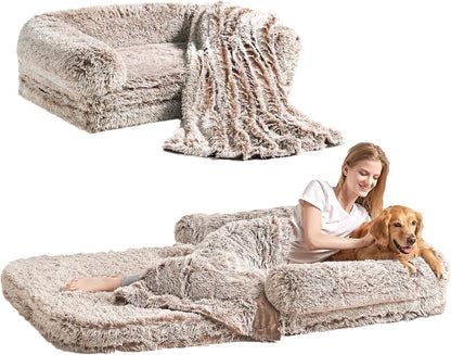 EHEYCIGA Foldable XXL Dog Bed for Large Sized Dog, 54"x38"x7.5" Faux Fur Fluffy Pet Couch Bed, Orthopedic Calming Memory Foam Big Pet Bed, Washable Pet Sofa Bed with Non-Slip Bottom, Dark Grey