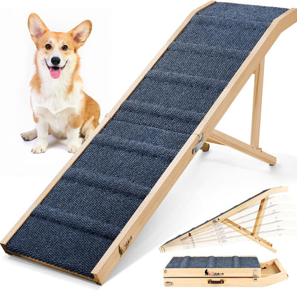 𝟐𝟎𝟐𝟔 𝐔𝐩𝐠𝐫𝐚𝐝𝐞𝐝 Dog Ramp for Bed, 64" Long Foldable Pet Ramp for Small Large Dogs, Dog Ramps for High Beds Car, High Traction with Platform 6 Adjustable Heights 24" to 30" Up to 220LBS Black