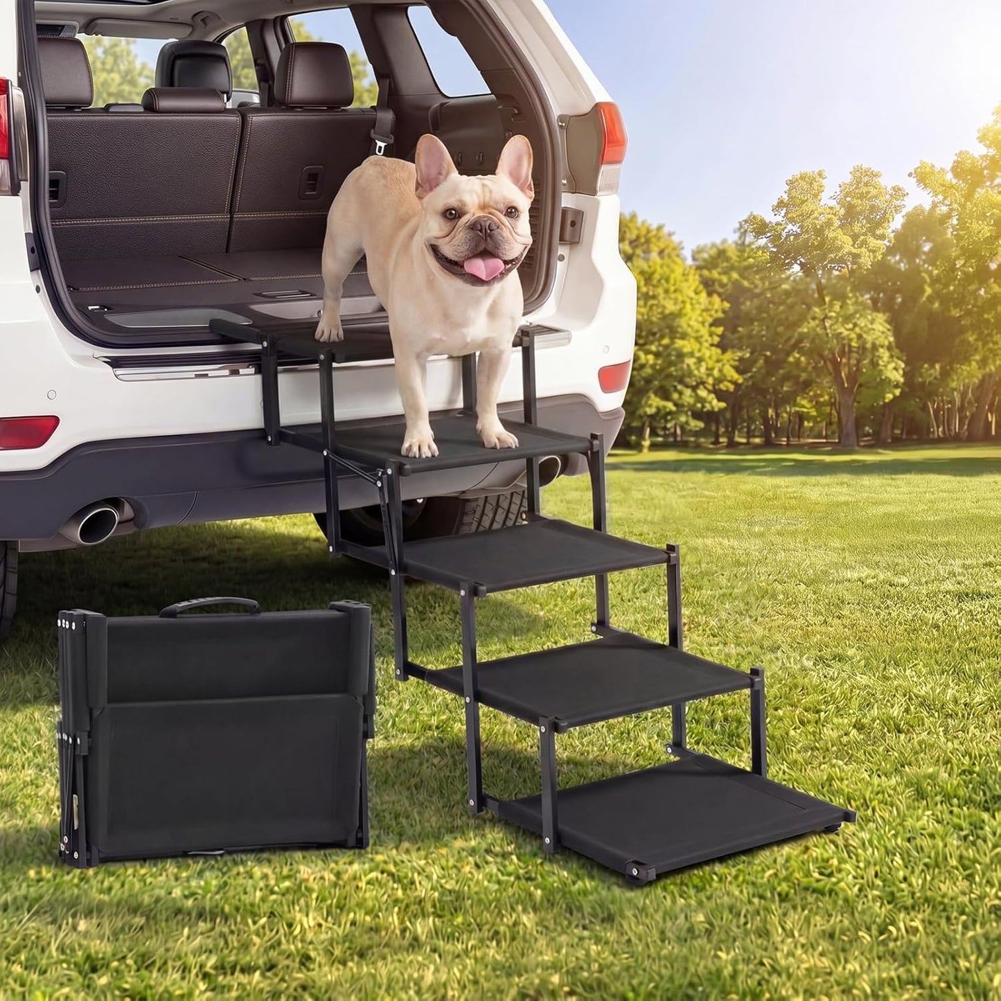Extra Wide Dog Stairs for Car, Foldable Pet Steps for Large Dogs with Non Slip Surface, Dog Ramp for Truck and SUV, Portable Pet Stairs Supports Up to 150 Lbs (5 Steps)