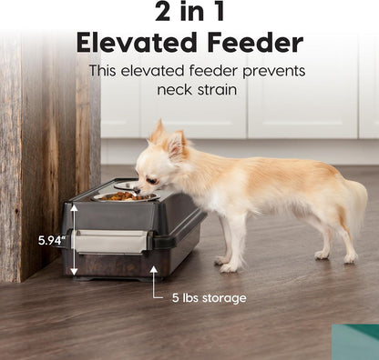 IRIS USA Dog Bowls Elevated with Storage, 15" H Raised Feeding Station, Dog Bowl Stand with Airtight Food Storage Holds 47 lbs, 2 Removable 64 oz Stainless Steel Bowls for Large Dogs, Smoke/Black