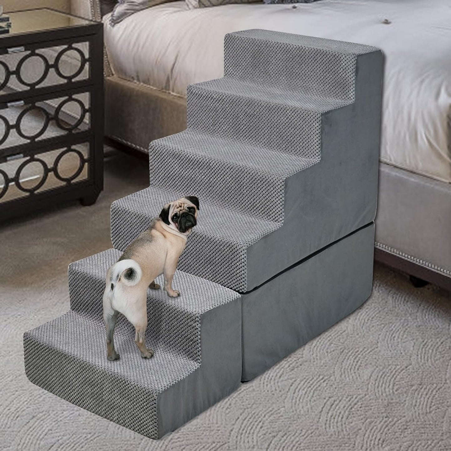 Dog Stairs for High Beds 30-36 inches Tall, 6-Step Dog Steps for Bed 32-36 inches for Small Large Dogs, Doggie Ramp for Bed, 30D Foam Pet Stairs for Old Dogs/Cats, Free-Installation, Grey