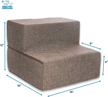 Best Pet Supplies Non-Slip Foam Dog Stair & Pet Ramp, Balanced Indoor Step Support - Foldable Stair, Ash Gray Linen,3-Step
