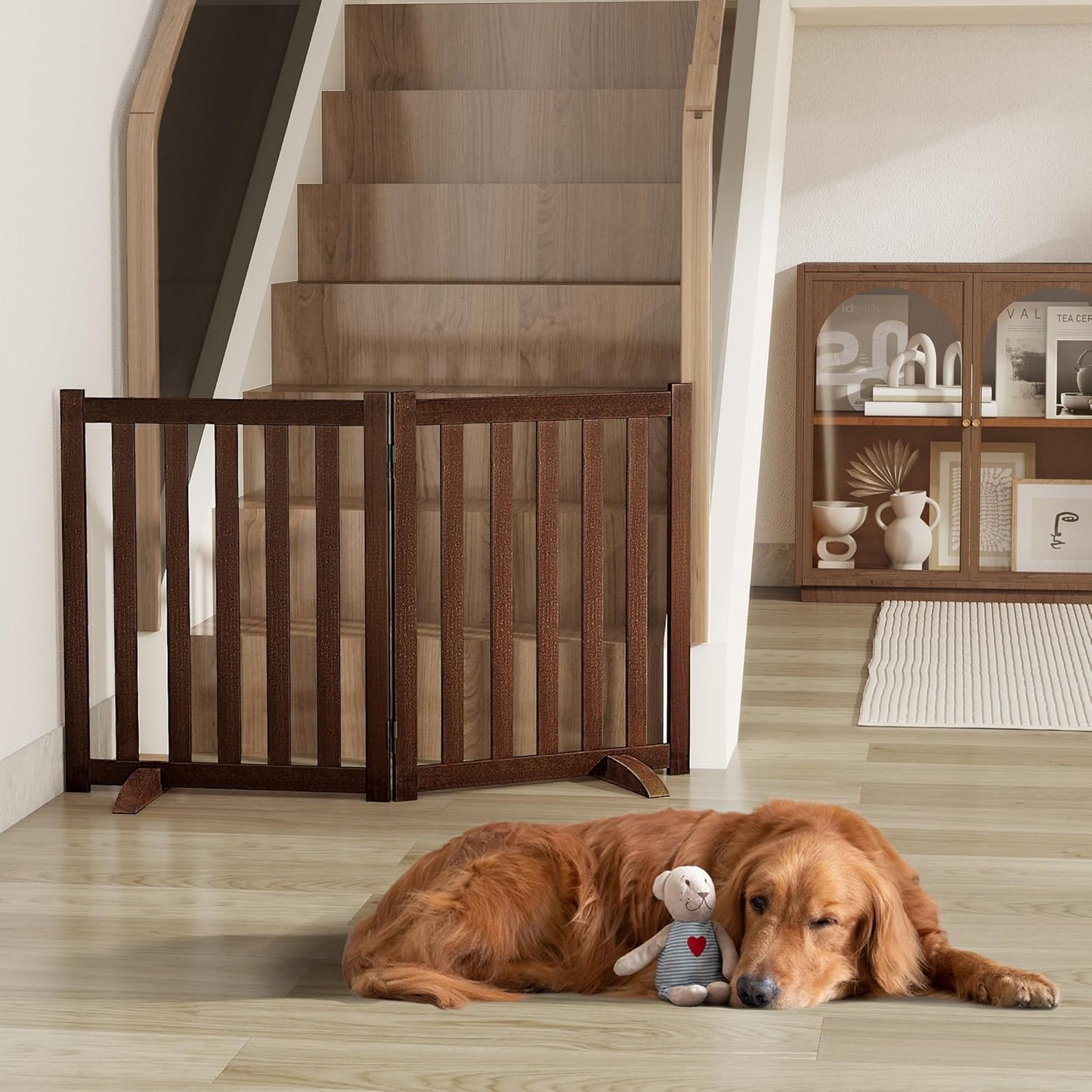 36" Height Extra Tall Freestanding Pet Gate, Solid Wood Folding Safety Fence Wooden Dog Gate with 2 PCs Support Feet Ideal for Stairs, Doorways, Halls, Kitchens, Heavy Duty Gates, 3 Panels, Oak