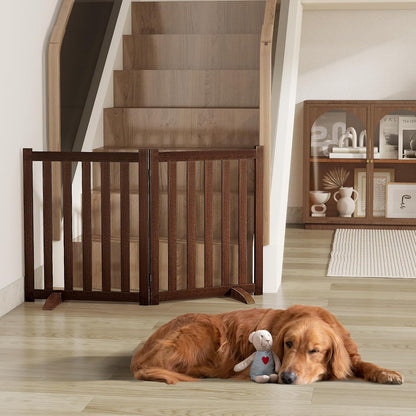 36" Height Extra Tall Freestanding Pet Gate, Solid Wood Folding Safety Fence Wooden Dog Gate with 2 PCs Support Feet Ideal for Stairs, Doorways, Halls, Kitchens, Heavy Duty Gates, 3 Panels, Oak